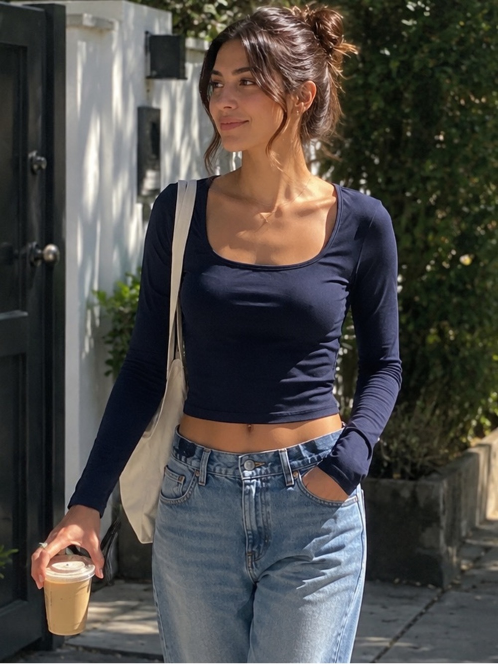 Navy Blue Long Sleeve Crop Top Staple Size Large